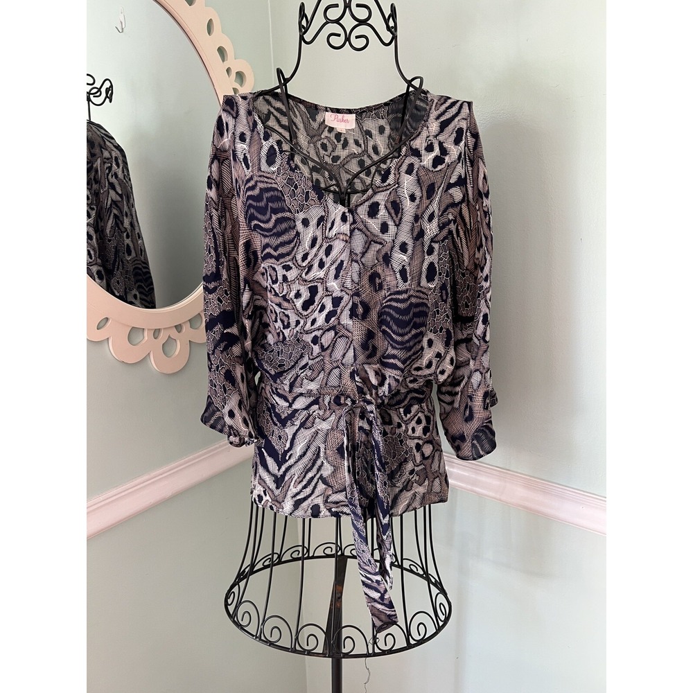 Parker Size S Oversize Flowy Top Animal Print Leopard Silk Blouse Shirt